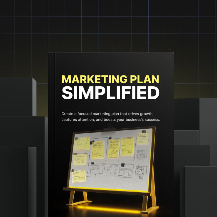 Black cover image featuring a marketing plan board with notes and sketches, highlighting the product Marketing Plan Simplified - Bundle for entrepreneur resources and business growth toolkits.