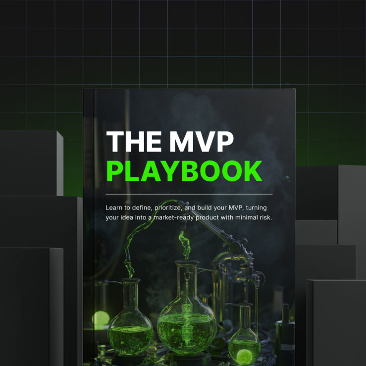 The MVP Playbook - Bundle cover featuring science lab glassware with green glowing liquid, representing a toolkit for building market-ready MVPs and entrepreneur resources.